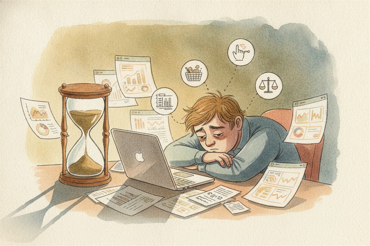 レポート確認に時間を奪われて疲れたセラーと砂時計のイラスト