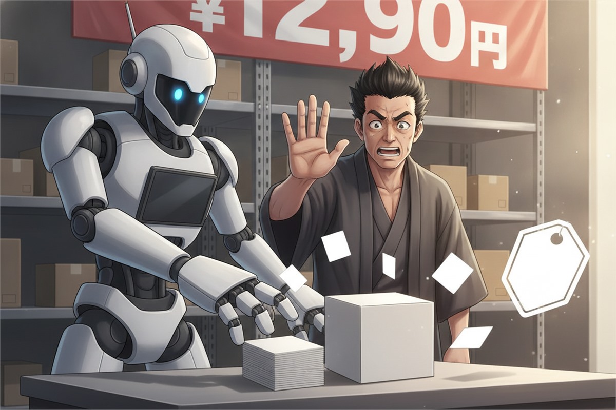 自動ルールから外すべき場面でロボットを止めるセラーの漫画イラスト