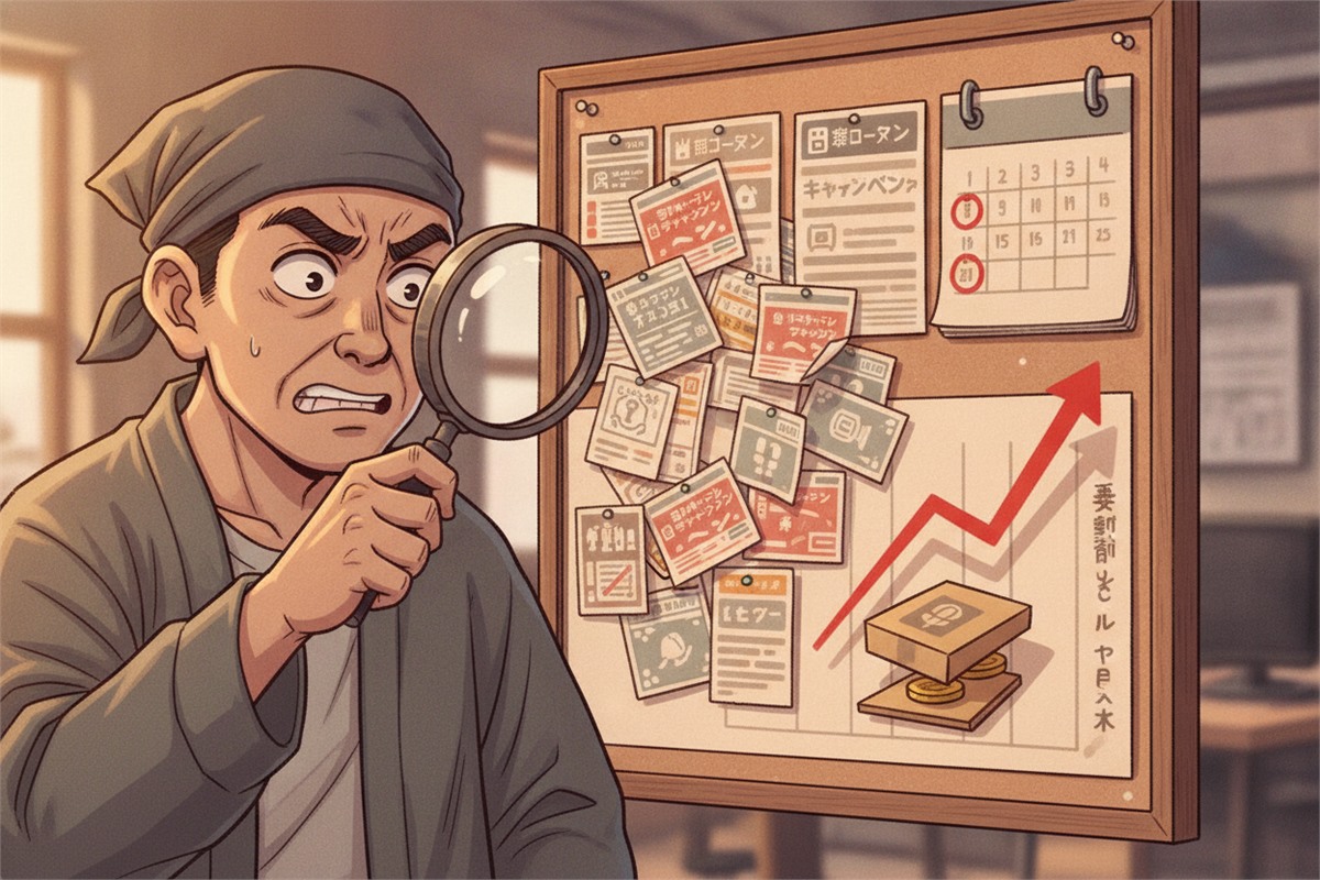 広告費が下がらないときに疑う4つの原因を調べるセラーの漫画イラスト