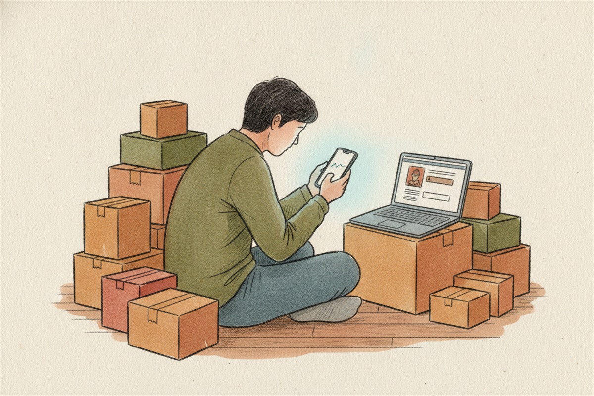売れ残りの箱に囲まれ、手が止まりかけている副業セラーの様子