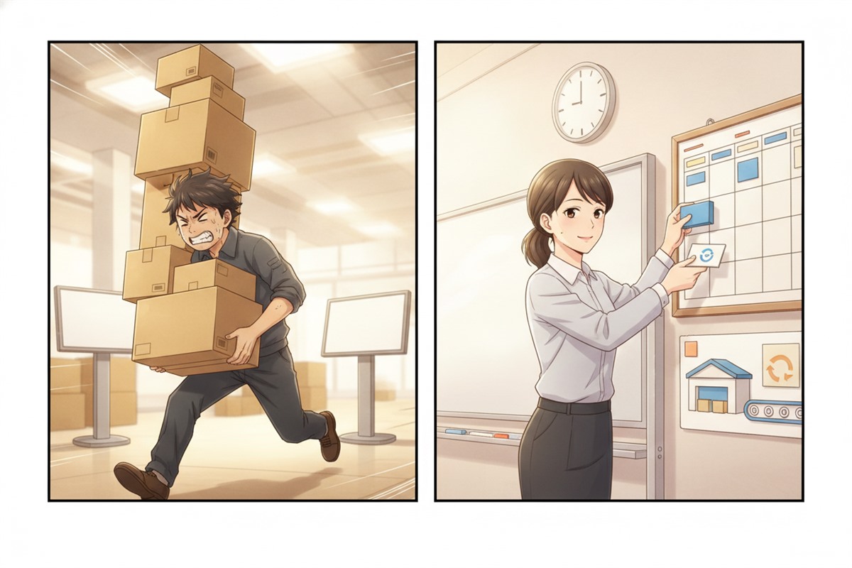 作業を増やす人と作業を減らす人の違いを対比した人物イラスト
