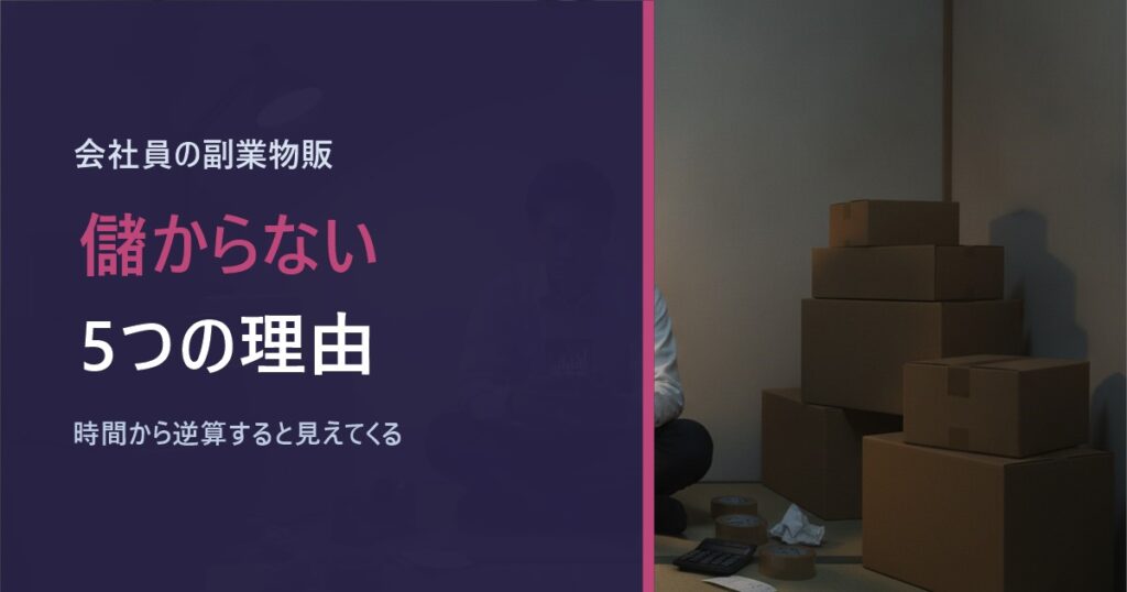 深夜に在庫の箱に囲まれて副業物販の数字を見る会社員のアイキャッチ画像