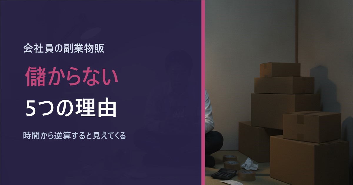 深夜に在庫の箱に囲まれて副業物販の数字を見る会社員のアイキャッチ画像