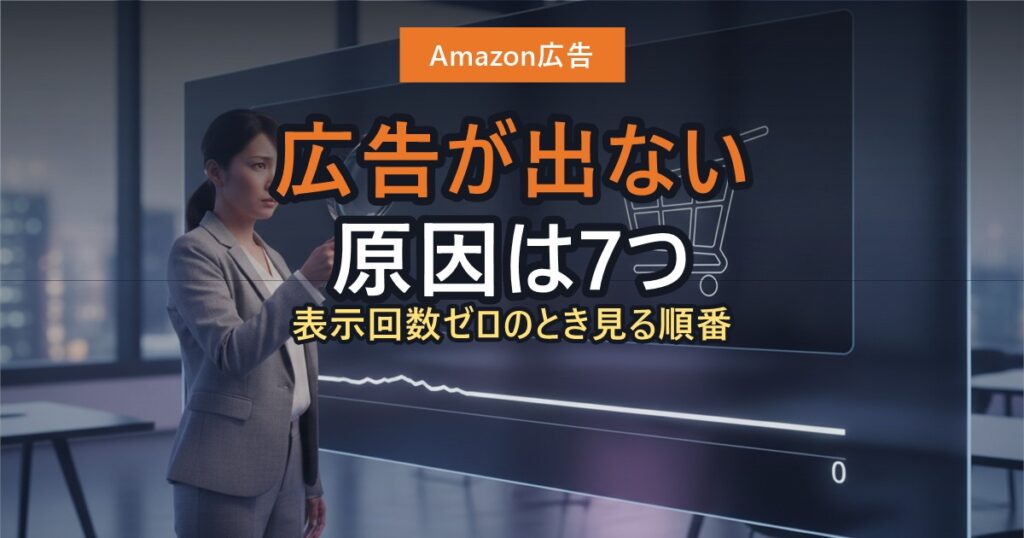 表示回数ゼロの広告画面を虫めがねで調べているAmazon出品者