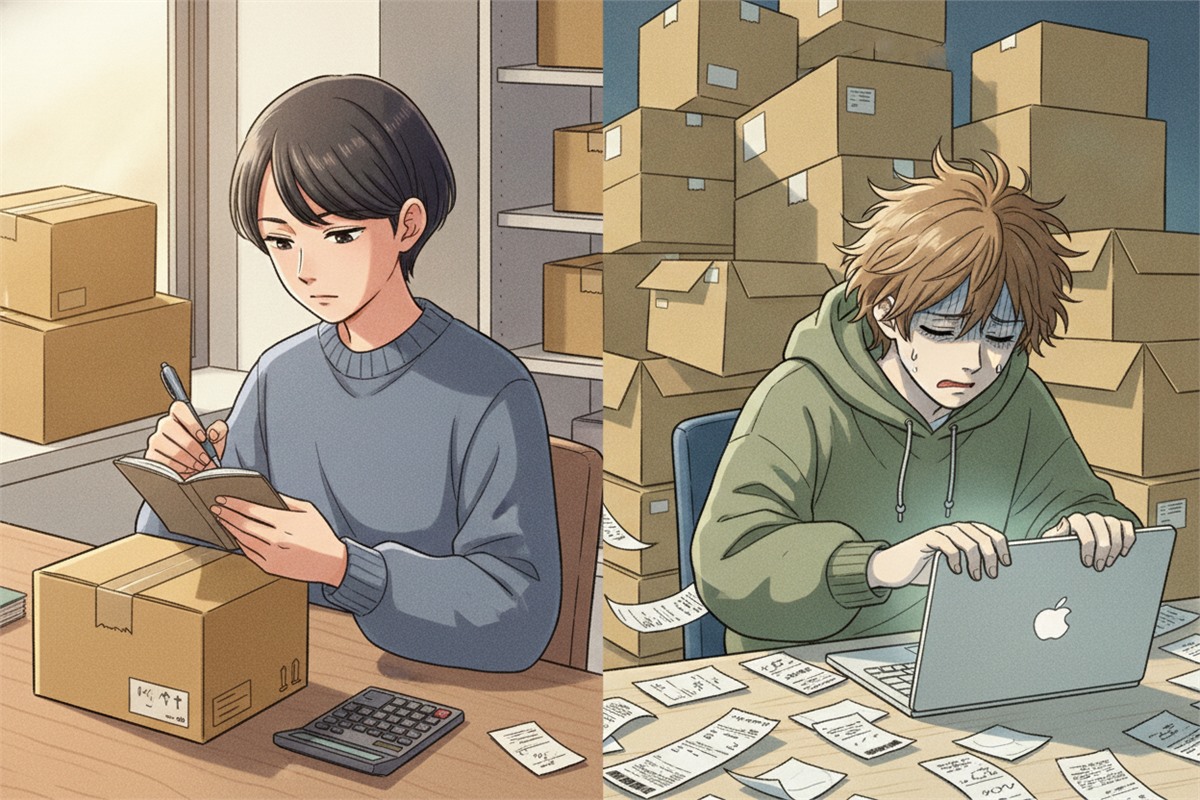 記録を続ける人と在庫を抱えてやめる人の違いを描いた対比の絵