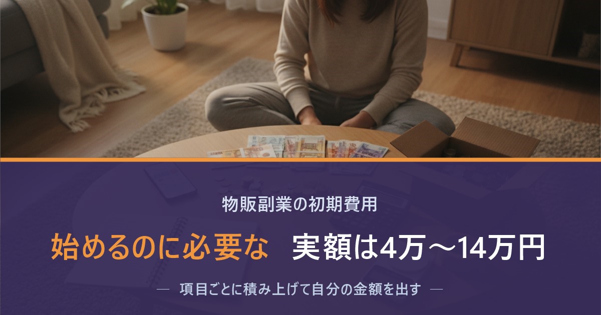 物販副業を始めるのに必要なお金を項目ごとに数えて計算しているイメージ