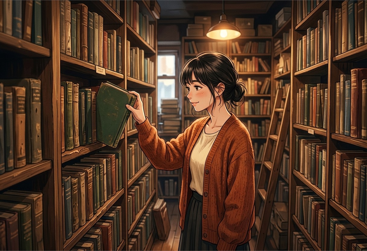 古書店の棚から本を選び取る人